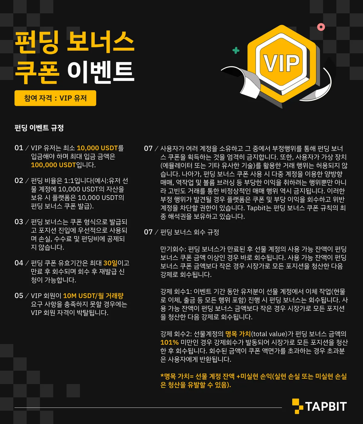 탭비트 펀딩 보너스 쿠폰 이벤트 규정 — 참여 자격 VIP, 최소 10,000 USDT 최대 100,000 USDT, 펀딩 비율 1:1, 유효기간 30일, 월 거래량 1,000만 USDT 요건, 회수 규정과 명목 가치 101% 기준
