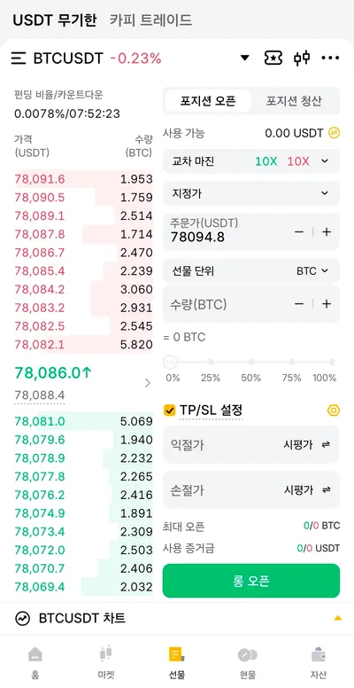 탭비트 선물 거래 화면 — USDT 무기한 BTCUSDT, 교차 마진 10X, 지정가 주문가, TP/SL 설정, 롱 오픈 버튼