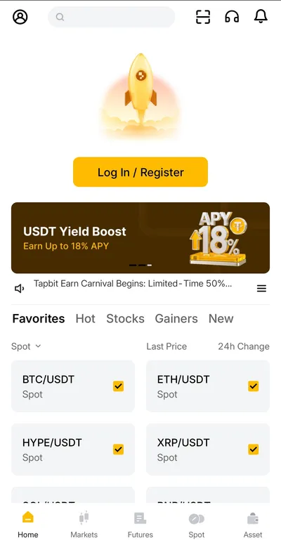 탭비트 가입 2단계 — 영어로 표시되는 앱 홈 화면과 Log In / Register 버튼