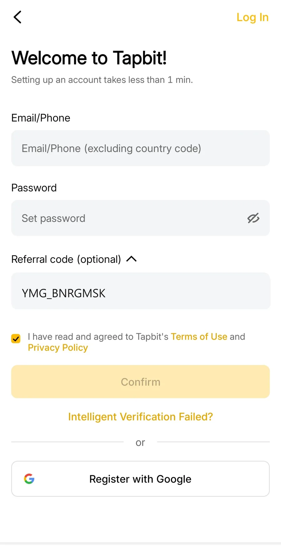 탭비트 가입 3단계 — Welcome to Tapbit 회원가입 화면. Email/Phone 칸, Set password 칸, 펼쳐진 Referral code 의 Invitation code 칸, 약관 체크박스와 Confirm 버튼